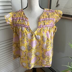 Velvet Graham Spencer Top Womens XL Yellow Pink Kensie Flutter Sleeve Feminine